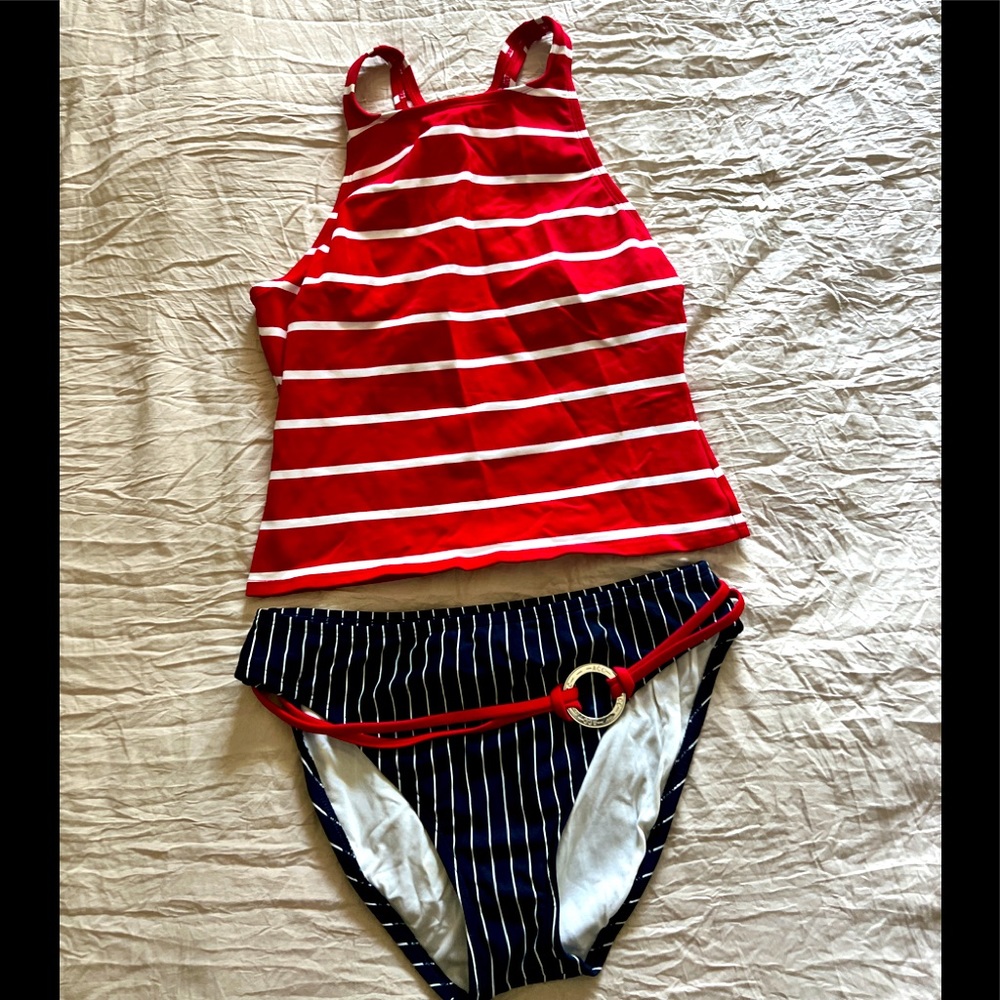 ANNE COLE Red & Navy Nautical 2PC SWIMSUIT Tankini Cruise wear  Size 12 NWOT